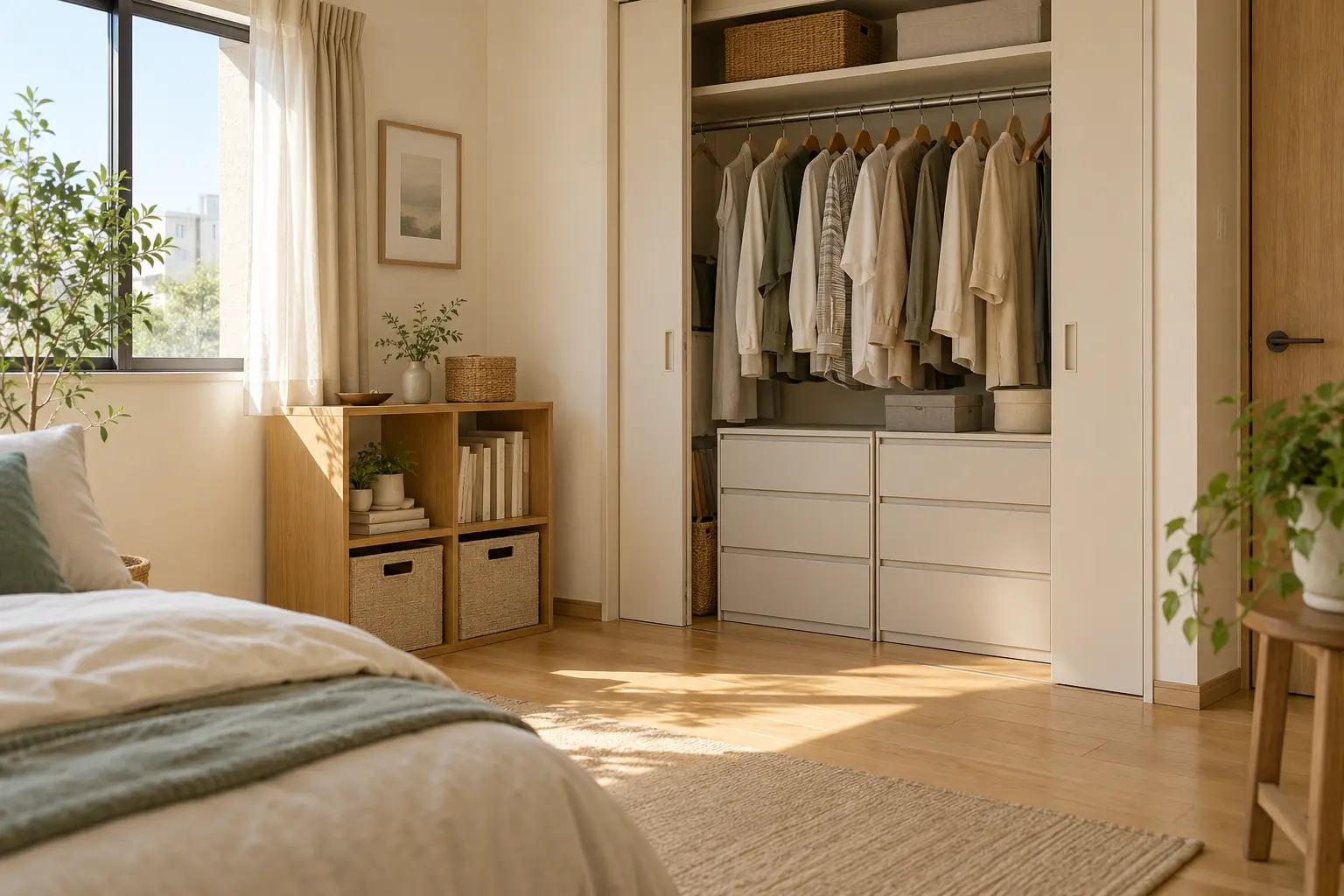 AI-generated room illustration with closet drawers, a low shelf and a clear walking area