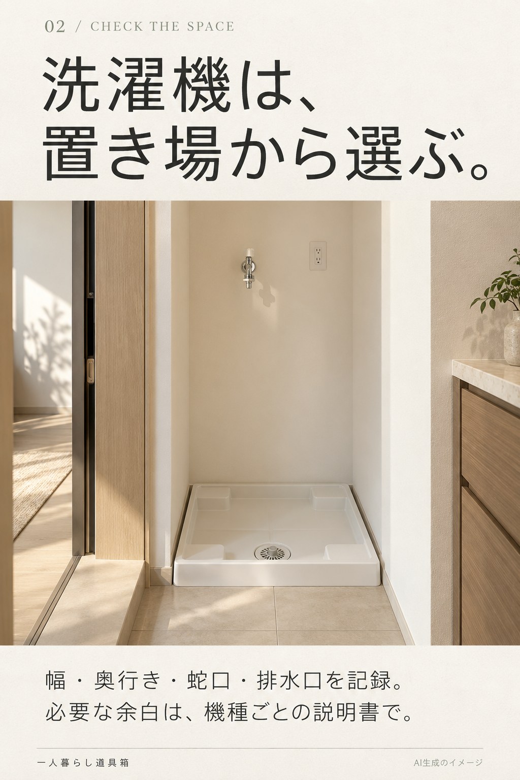 洗濯機置き場の写真と、幅・奥行き・蛇口・排水口の確認ポイント