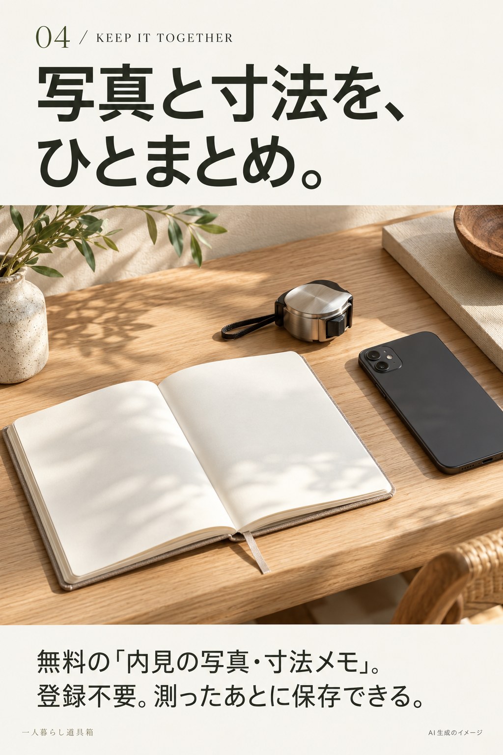 ノートとメジャーの写真と、内見の写真番号と寸法を記録する案内